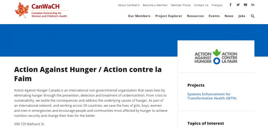 Screenshot of Action Against Hunger's Member profile on the CanWaCH website.