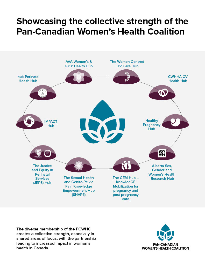 A visual graphic that shows each Hub and the collective strength they share together. Their shared areas of focus helps to advance women's health in Canada.